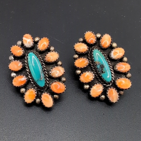 L. Bahe Native American Sterling Silver Turquoise & Spiny Oyster Signed Earrings - Picture 1 of 16